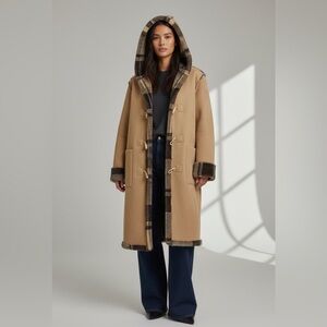 Vintage Y2K 90s Faux Suede Tan & Plaid Reversible Hooded Toggle Coat Jacket